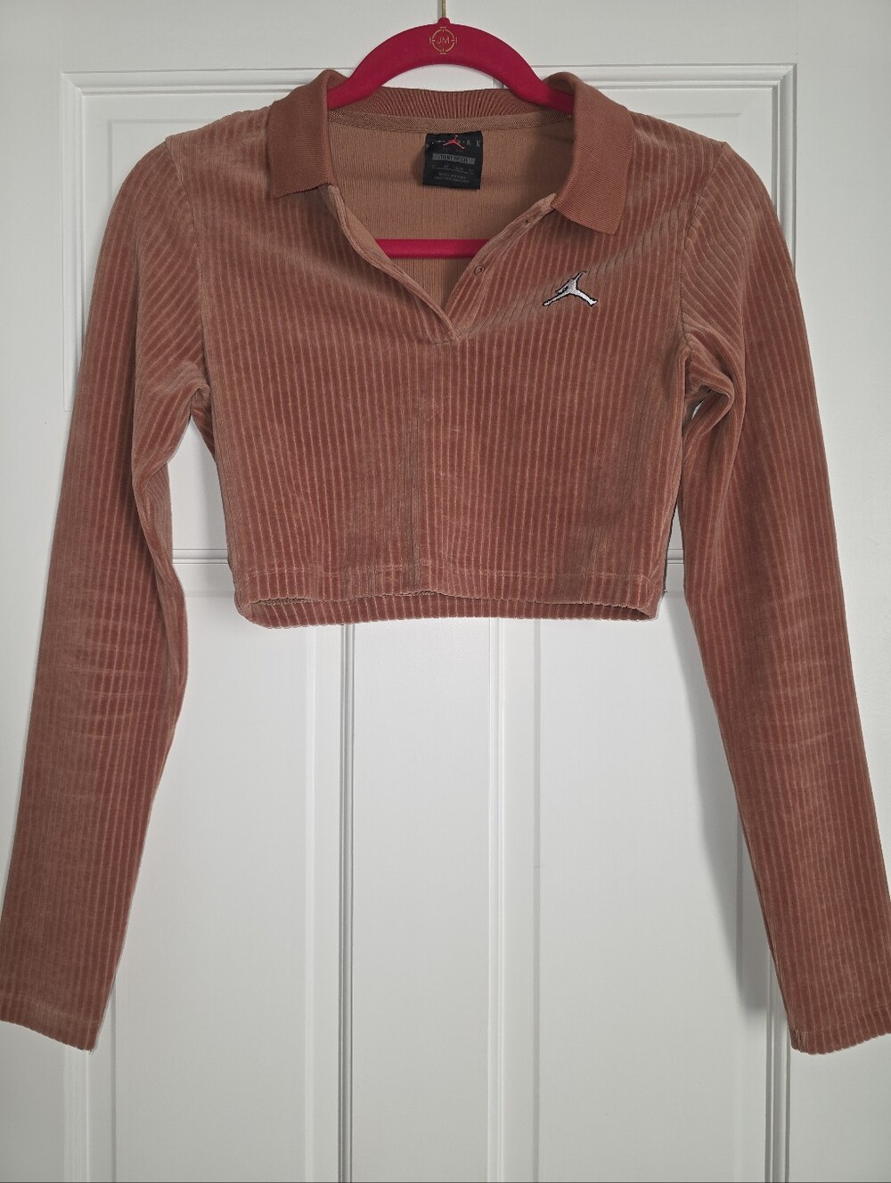 Nike Jordan Flight Velour Long Sleeve Cropped Polo Top - Cherrywood Red